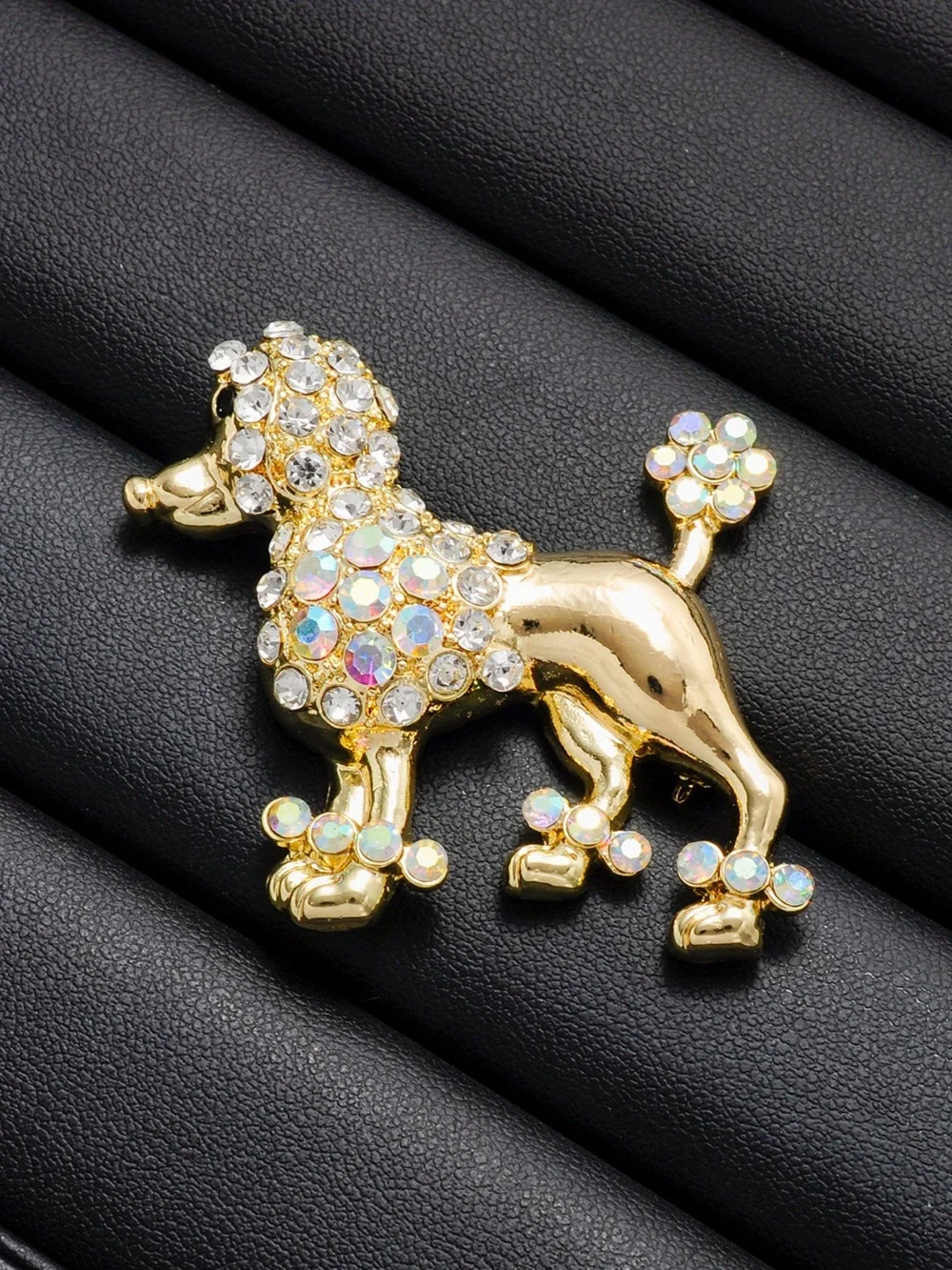 Gold Rhinestone Poodle Dog Brooch Pin Crystal Puppy Statement Jewellery
